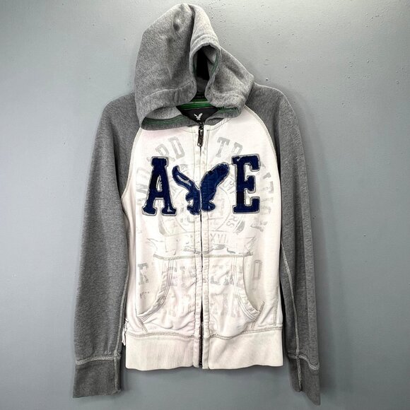Y2K American Eagle Hoodie XS Men Full Zip Distressed Gray Vintage Fit Spellout - Picture 1 of 12
